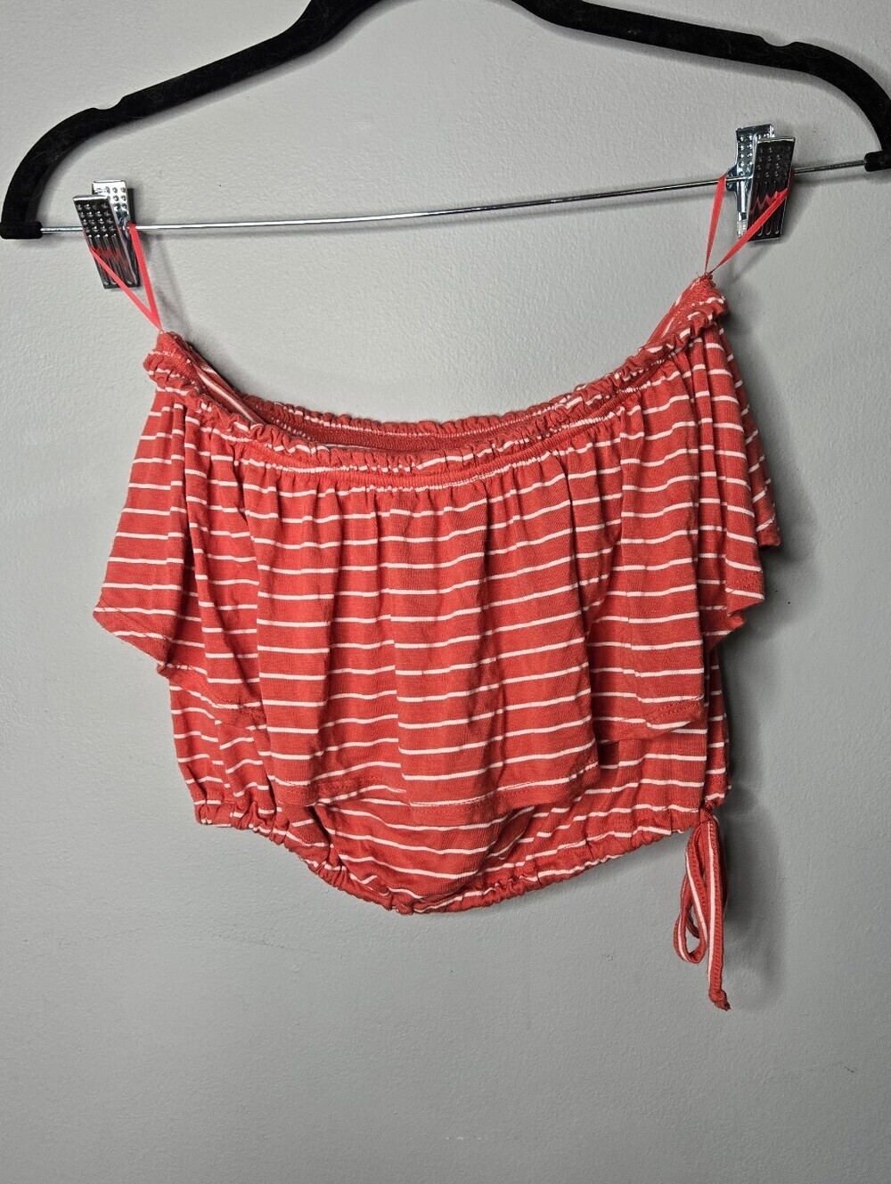 A&F Coral Striped Off-the-Shoulder Ruffle Crop Top XS Y2K Drawstring Waist